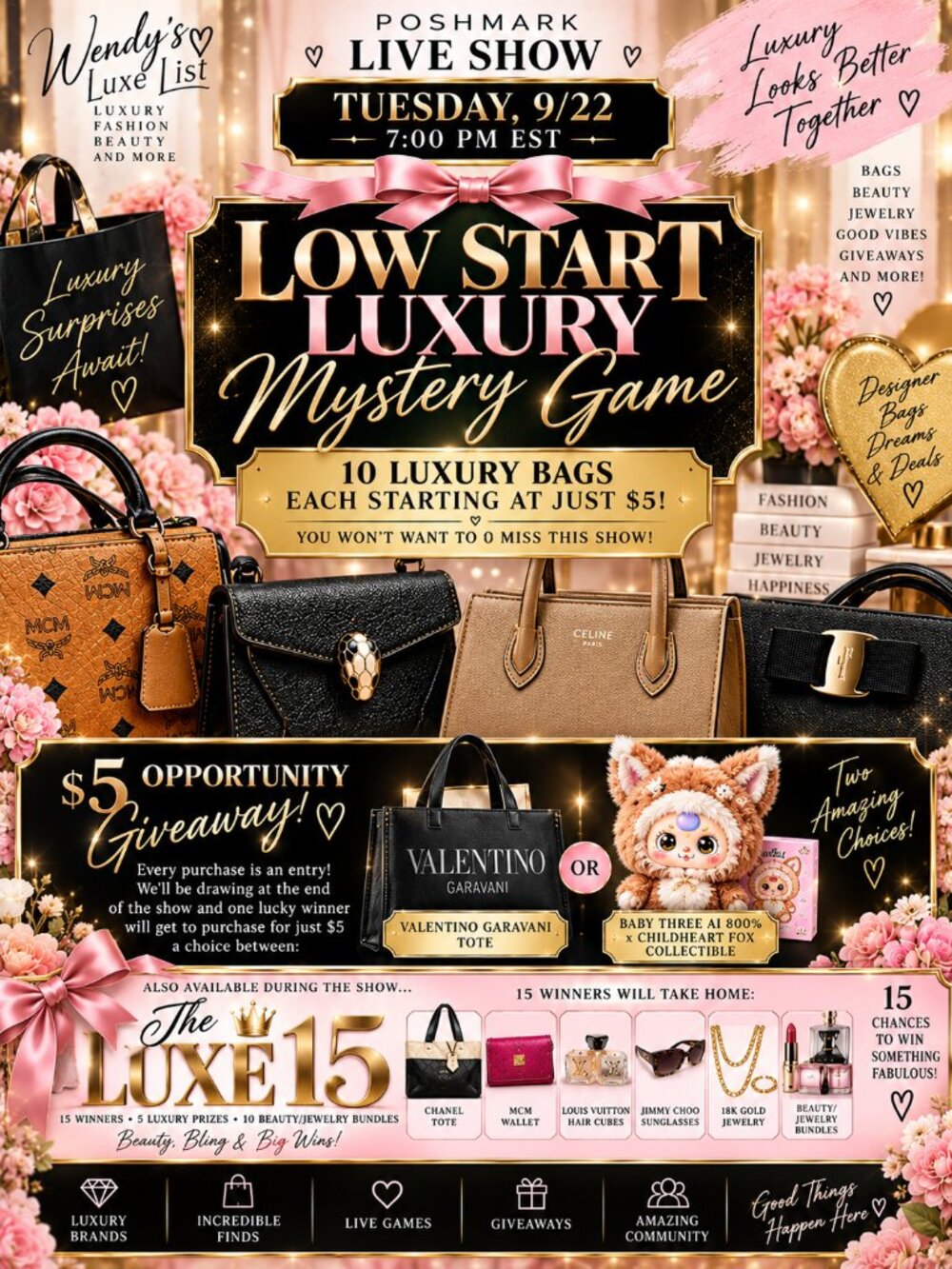 9/22 LOW START LUXURY MYSTERY GAME with $5 Opportunity!